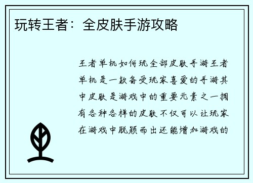 玩转王者：全皮肤手游攻略